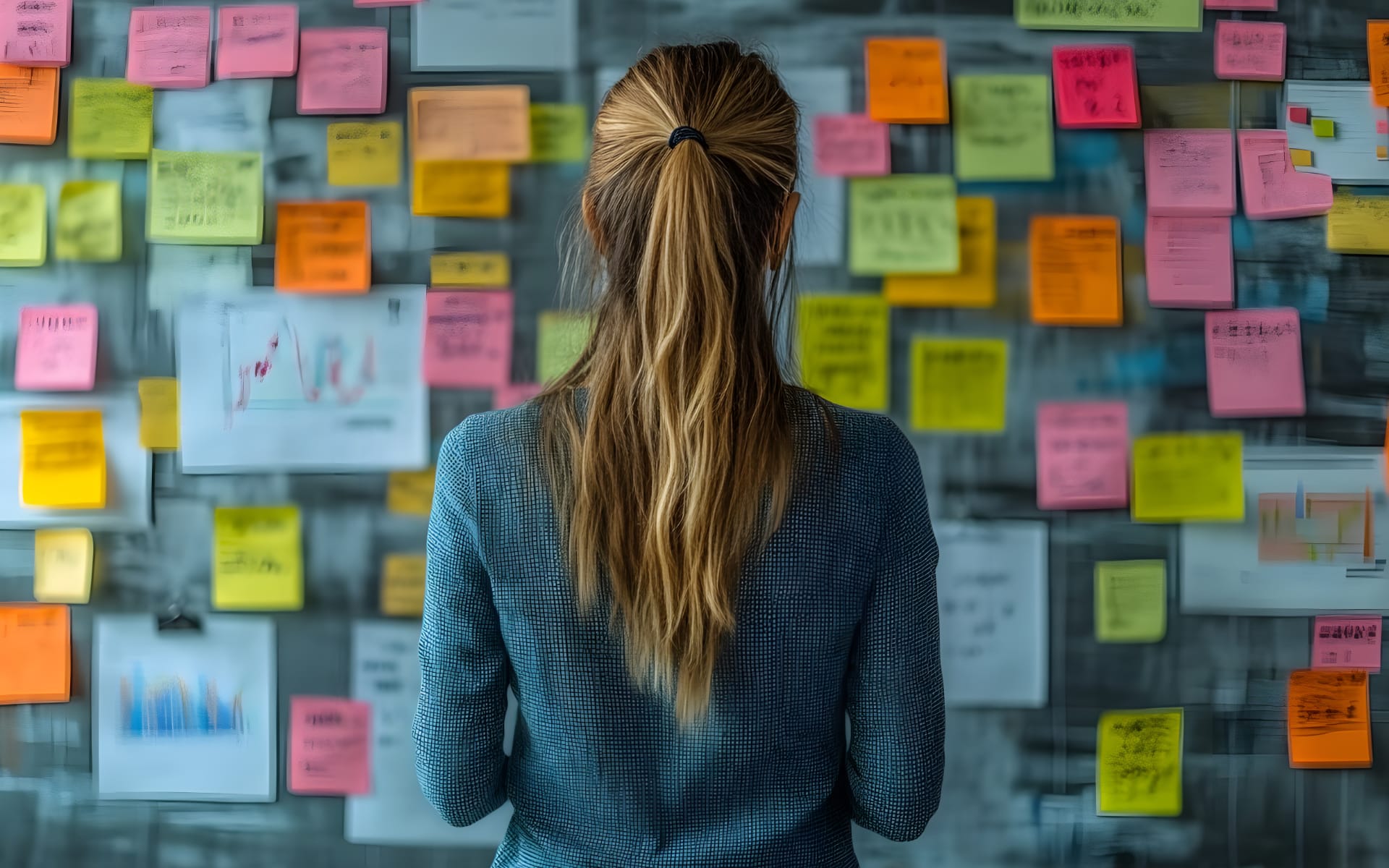 Young woman stands before a decision board full of sticky notes and articles to decide on best action